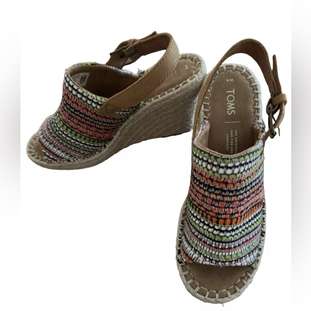 TOMS Women's Monica Wedge Sandals Striped Global Woven Jute Espadrilles Size 6